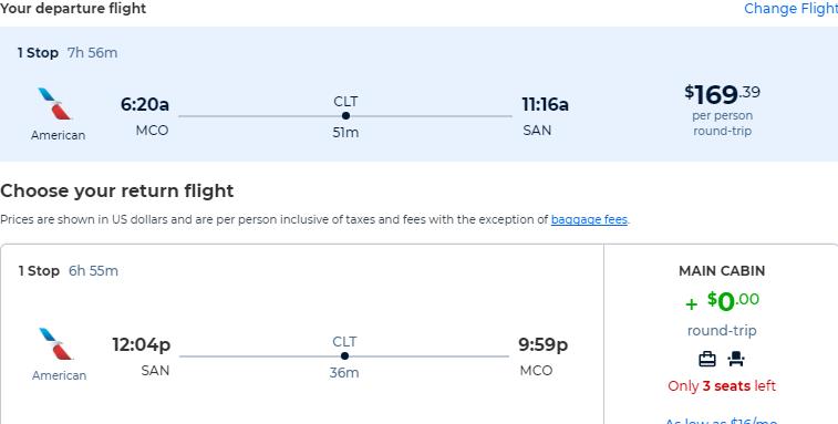 Cheap flights from Orlando, Florida to San Diego for only $169 roundtrip with American Airlines. Also works in reverse. Flight deal ticket image.
