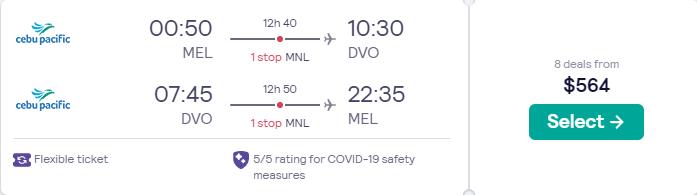 Cheap flights from Melbourne, Australia to Davao, Philippines for only $564 AUD roundtrip. Flight deal ticket image.