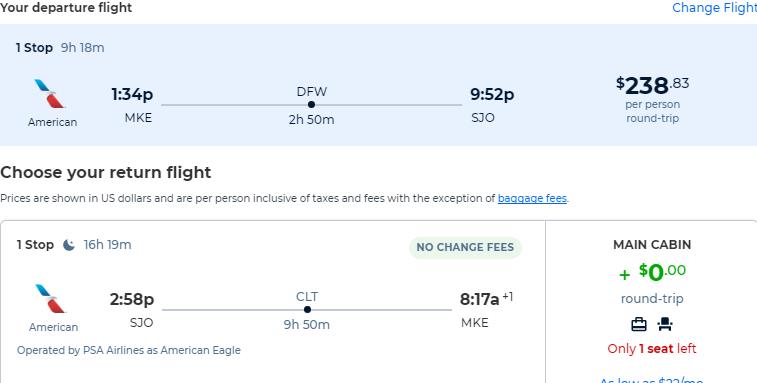 Cheap flights from Milwaukee to San Jose, Costa Rica for only $238 roundtrip with American Airlines. Flight deal ticket image.