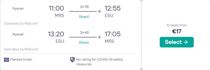Non-stop flights from Marseille, France to Essaouira, Morocco for only €17 roundtrip. Flight deal ticket image.