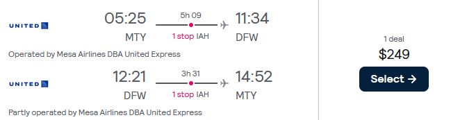 Click here to book this cheap flight deal. Summer flights from Monterrey, Mexico to Dallas, Texas for only $249 USD roundtrip with United Airlines. Flight deal ticket image.