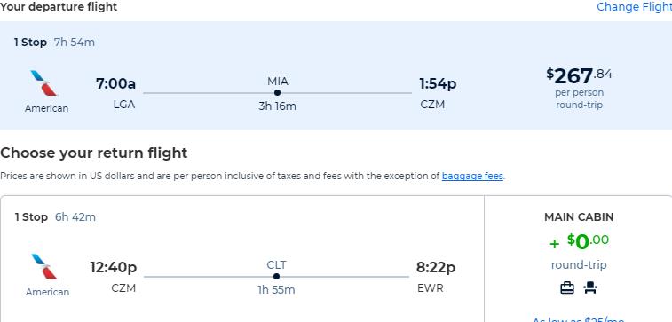 Cheap flights from New York to Cozumel, Mexico for only $267 roundtrip with American Airlines. Flight deal ticket image.