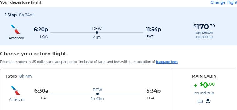 Cheap flights from New York to Fresno, California for only $170 roundtrip with American Airlines. Also works in reverse. Flight deal ticket image.