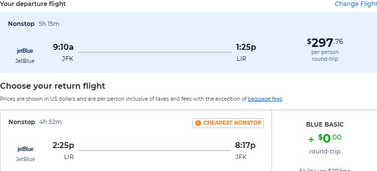 Non-stop flights from New York to Liberia, Costa Rica for only $297 roundtrip with JetBlue. Flight deal ticket image.
