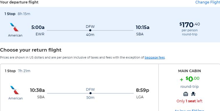 Cheap flights from New York to Santa Barbara, California for only $170 roundtrip with American Airlines. Also works in reverse. Flight deal ticket image.