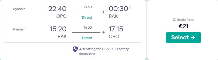 Non-stop flights from Porto, Portugal to Marrakesh, Morocco for only €21 roundtrip. Flight deal ticket image.