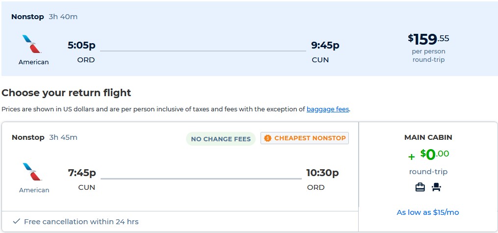 Non-stop flights from Chicago to Cancun or Cozumel, Mexico from only $159 roundtrip with American Airlines. Flight deal ticket image.