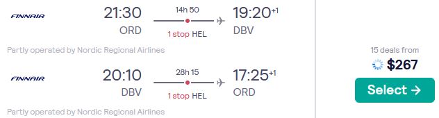 Cheap flights from US cities to Dubrovnik, Croatia from only $267 roundtrip with Finnair. Flight deal ticket image.