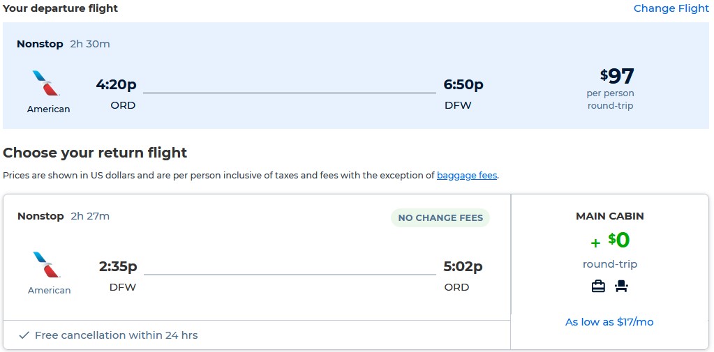 Non-stop flights from Chicago to Dallas, Texas for only $97 roundtrip with American Airlines. Also works in reverse. Flight deal ticket image.