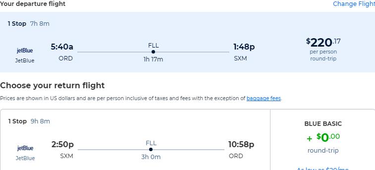 Click here to book this cheap flight deal. Cheap flights from Chicago to St. Martin for only $220 roundtrip with JetBlue. Flight deal ticket image.