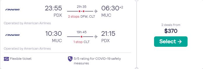 Cheap flights from Portland, Oregon to Munich, Germany for only $370 roundtrip with American Airlines. Flight deal ticket image.