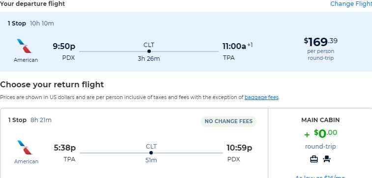 Cheap flights from Portland, Oregon to Tampa, Florida for only $169 roundtrip with American Airlines. Also works in reverse. Flight deal ticket image.