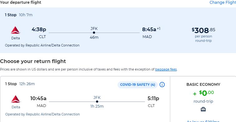 Cheap flights from US cities to Madrid, Spain from only $308 roundtrip with Delta Air Lines. Flight deal ticket image.