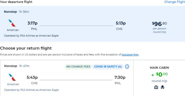 Non-stop flights from Philadelphia to Charleston, South Carolina for only $96 roundtrip with American Airlines. Also works in reverse. Flight deal ticket image.