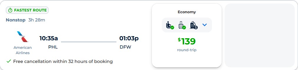 Non-stop flights from Philadelphia to Dallas, Texas for only $139 roundtrip with American Airlines. Also works in reverse. Flight deal ticket image.