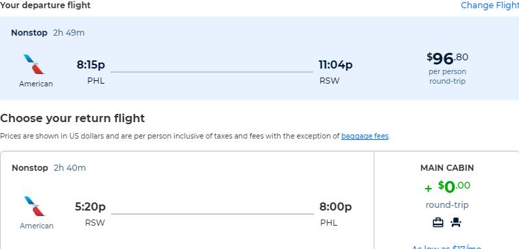 Non-stop flights from Philadelphia to Fort Myers, Florida for only $96 roundtrip with American Airlines. Also works in reverse. Flight deal ticket image.