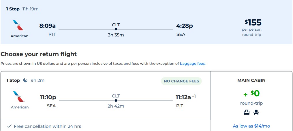 Cheap flights from Pittsburgh to Seattle for only $155 roundtrip with American Airlines. Also works in reverse. Flight deal ticket image.