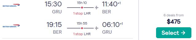 Cheap flights from Sao Paulo, Brazil to Berlin, Germany for only $475 USD roundtrip with British Airways. Flight deal ticket image.