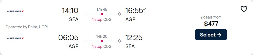 Click here to book this cheap flight deal. Cheap flights from Seattle to Malaga, Spain for only $477 roundtrip with Delta Air Lines and Air France. Flight deal ticket image.