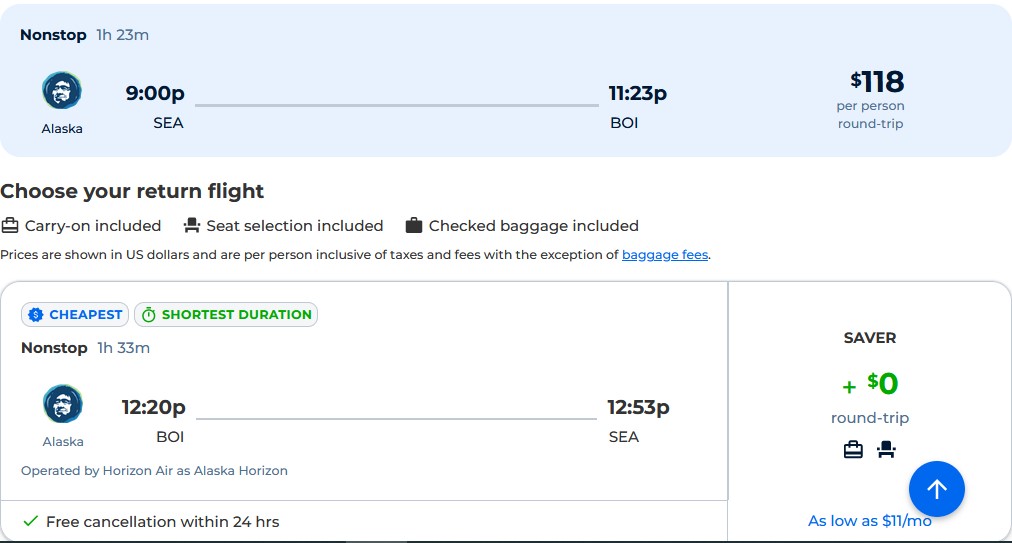 Nonstop flights from Seattle to Boise, Idaho for just $118 roundtrip with Alaska Airlines.  Also works in reverse.  Image of flight offer ticket.