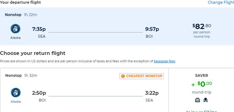 Non-stop flights from Seattle to Boise, Idaho for only $82 roundtrip with Alaska Airlines. Also works in reverse. Flight deal ticket image.
