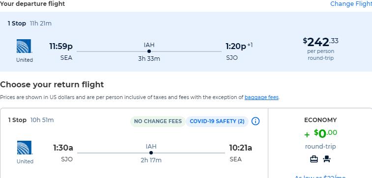 Cheap flights from Seattle to San Jose, Costa Rica for only $242 roundtrip with United Airlines. Flight deal ticket image.