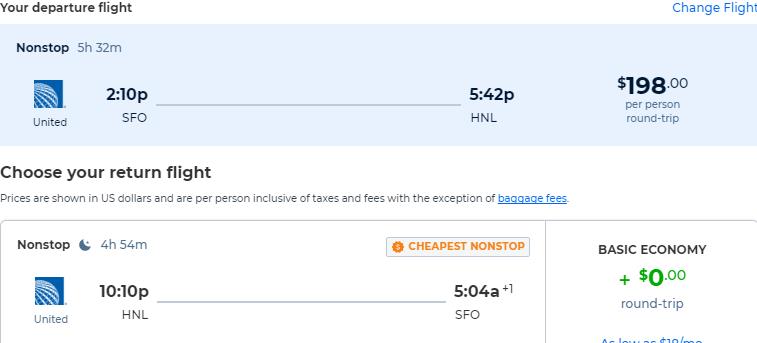 Non-stop flights from San Francisco to Honolulu, Hawaii for only $198 roundtrip with United Airlines. Also works in reverse. Flight deal ticket image.
