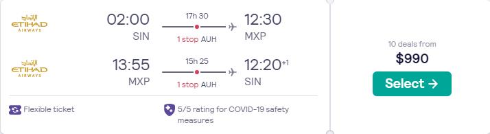 Business Class flights from Singapore to Milan, Italy for only $990 USD roundtrip with Etihad Airways. Flight deal ticket image.