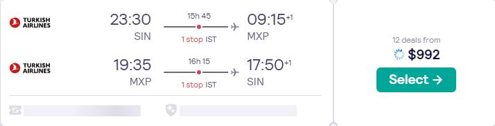 Business Class flights from Singapore to Milan or Rome, Italy from only $992 USD roundtrip with Turkish Airlines. Flight deal ticket image.