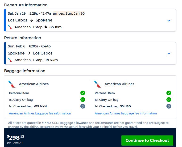 Cheap flights from San Jose del Cabo, Mexico to Spokane, Washington for only $298 USD roundtrip with American Airlines. Flight deal ticket image.