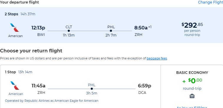 Click here to book this cheap flight deal. Cheap flights from US cities to Zurich, Switzerland from only $292 roundtrip with American Airlines. Flight deal ticket image.