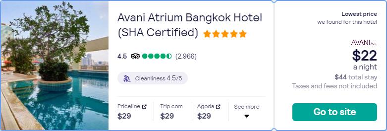 Stay at the 5* Avani Atrium Bangkok Hotel (SHA Certified) in Bangkok, Thailand for only $22 USD per night over Christmas. Flight deal ticket image.