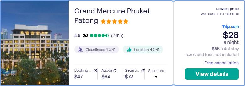 Click here to book this cheap flight deal. Stay at the 5* Grand Mercure Phuket Patong in Phuket, Thailand for only $28 USD per night. Flight deal ticket image.