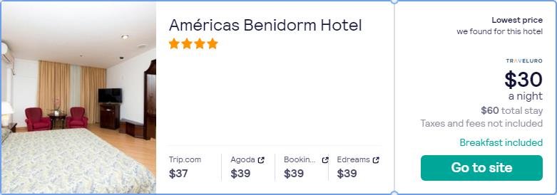 Stay at the 4* Américas Benidorm Hotel in Rio de Janeiro, Brazil for only $30 USD per night. Flight deal ticket image.
