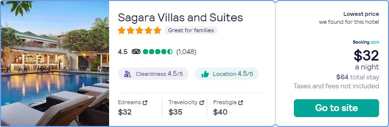 Stay at the 5* Sagara Villas and Suites in Bali, Indonesia for only $32 USD per night. Flight deal ticket image.