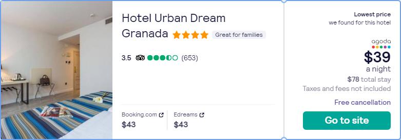 Stay at the 4* Hotel Urban Dream Granada in Granada, Spain for only $39 USD per night. Flight deal ticket image.