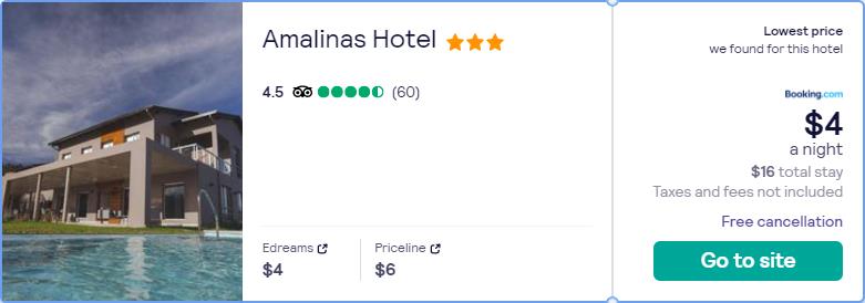 Stay at the 3* Amalinas Hotel in San Lorenzo, Argentina for only $4 USD per night. Flight deal ticket image.