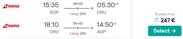 Cheap flights from Spanish cities to Sao Paulo or Rio de Janeiro, Brazil from only &euro;247 roundtrip with Swiss International Air Lines. Flight deal ticket image.