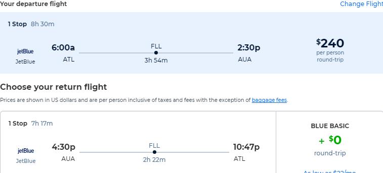 Cheap flights from Atlanta to Aruba for only $240 roundtrip with JetBlue. Flight deal ticket image.