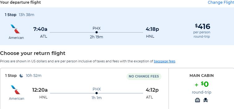 Click here to book this cheap flight deal. Cheap flights from Atlanta to Honolulu, Hawaii for only $416 roundtrip with American Airlines. Also works in reverse. Flight deal ticket image.
