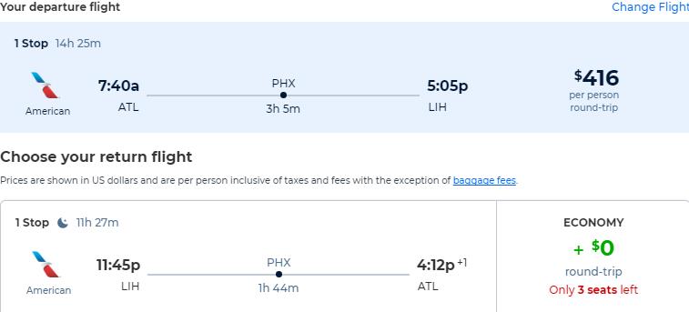 Cheap flights from Atlanta to Lihue, Hawaii for only $416 roundtrip with American Airlines. Also works in reverse. Flight deal ticket image.