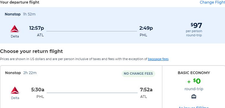 Non-stop flights from Atlanta to Philadelphia for only $97 roundtrip with Delta Air Lines. Also works in reverse. Flight deal ticket image.