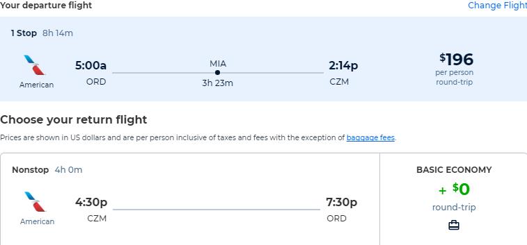 Cheap flights from Chicago or Austin to Cozumel, Mexico from only $196 roundtrip with American Airlines. Flight deal ticket image.