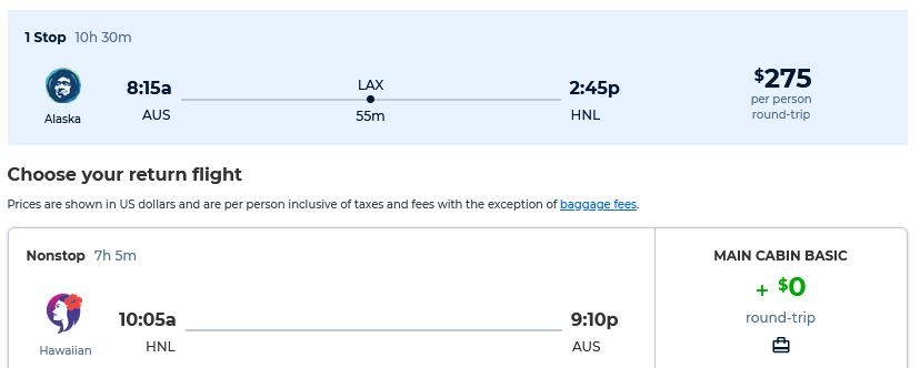 Cheap flights from Austin, Texas to Honolulu, Hawaii for only $275 roundtrip with Alaska Airlines. Also works in reverse. Flight deal ticket image.