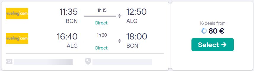 Non-stop flights from Barcelona, Spain to Algiers, Algeria for only €80 roundtrip. Flight deal ticket image.