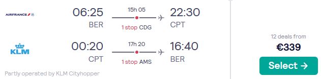 Cheap flights from German cities to Cape Town, South Africa from only €339 roundtrip with KLM and Air France. Flight deal ticket image.