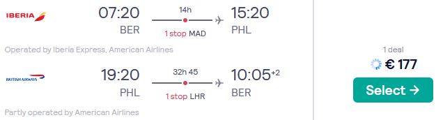 Summer flights from German cities to Philadelphia, USA from only €177 roundtrip with Iberia, American Airlines and British Airways. Flight deal ticket image.