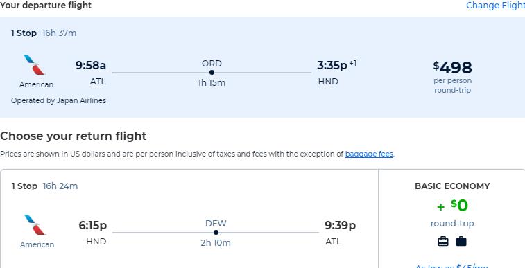 Cheap flights from Minneapolis to Tokyo, Japan for only $497 roundtrip with American Airlines. Flight deal ticket image.