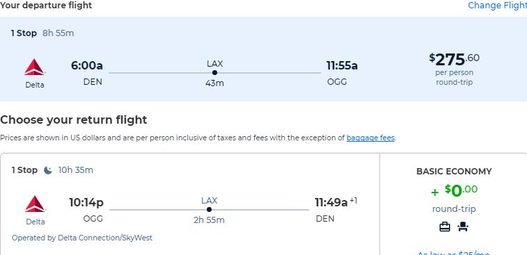 Cheap flights from Denver, Colorado to Kahului, Hawaii for only $275 roundtrip with Delta Air Lines. Also works in reverse. Flight deal ticket image.