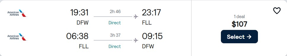 Non-stop flights from Dallas, Texas to Fort Lauderdale for only $107 roundtrip with American Airlines. Also works in reverse. Flight deal ticket image.